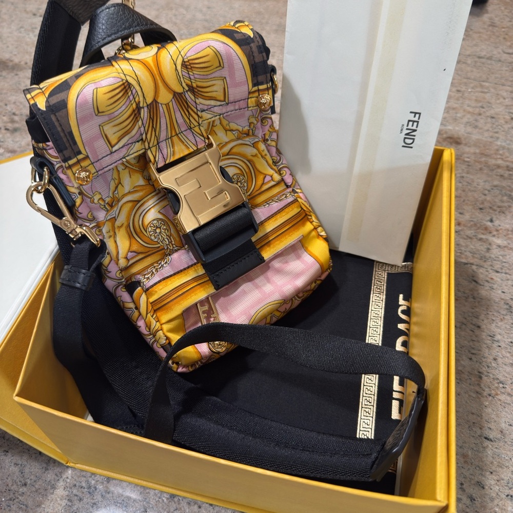 Fendi Versace Fendace Shoulder Bag Leather Nylon Canvas Pink